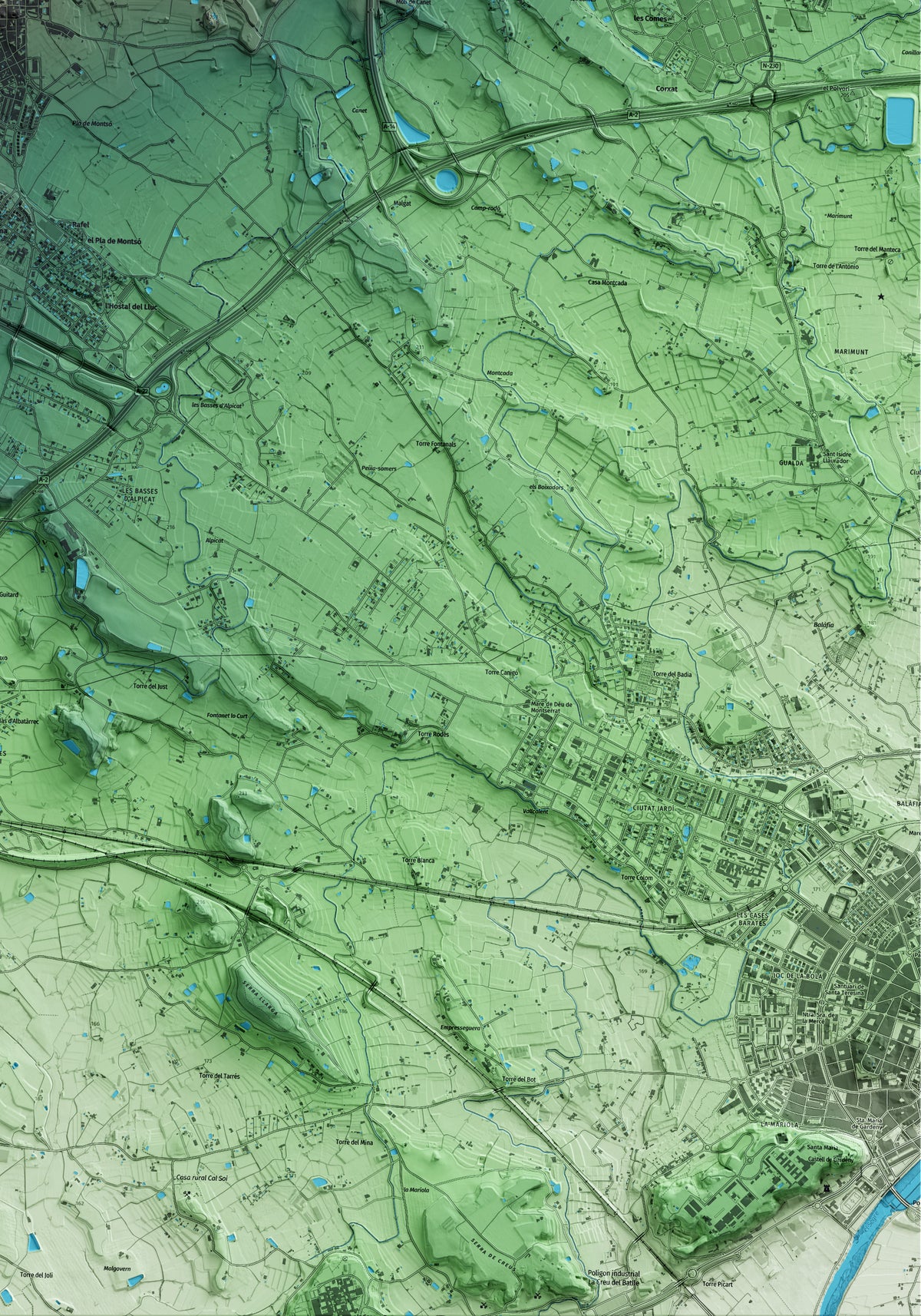 Mapa artístico del relieve de Alpicat, al Segrià, con 15 km de entorno y base topográfica ICGC. Detalle de la zona inferior derecha.