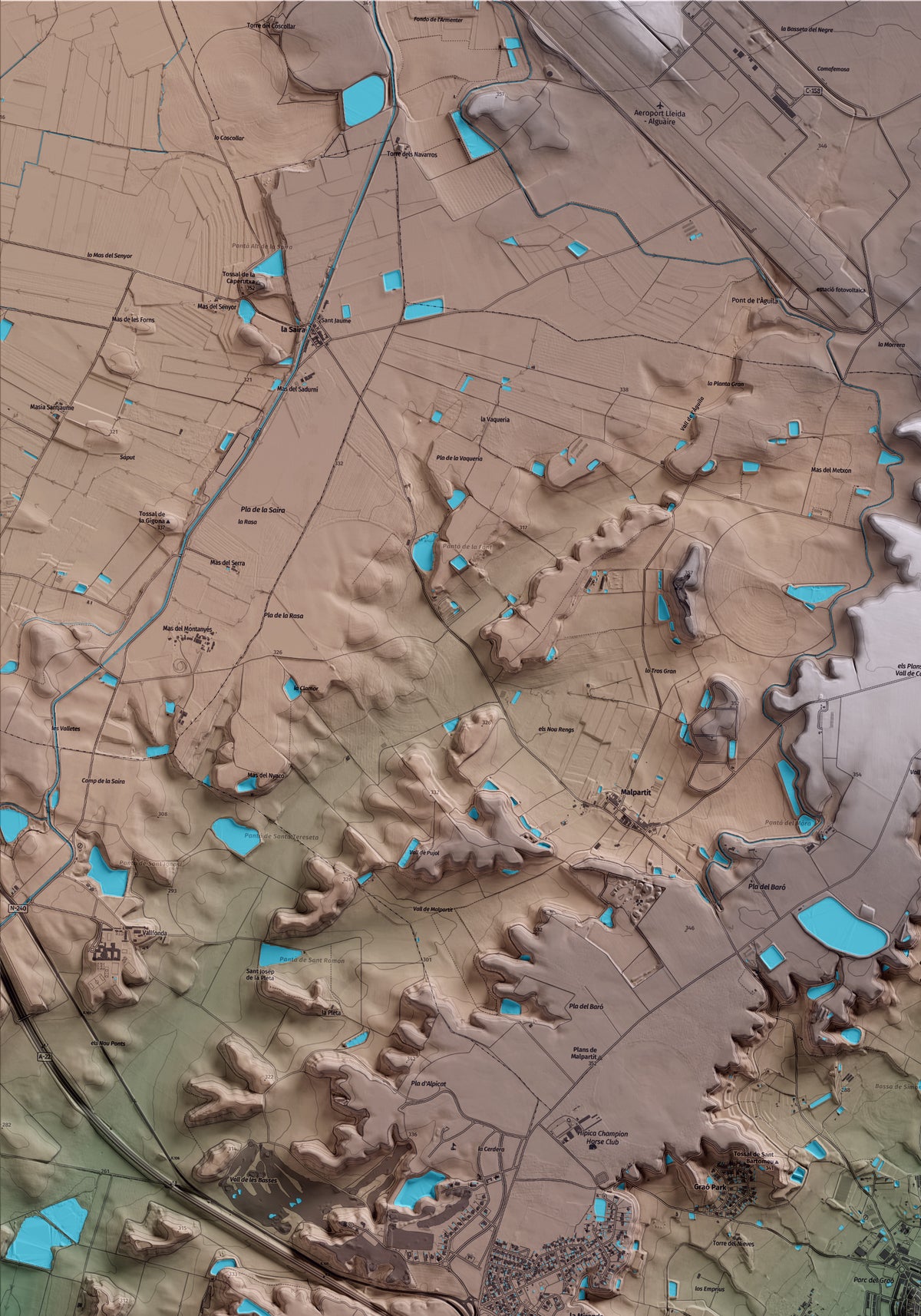 Mapa artístico del relieve de Alpicat, al Segrià, con 15 km de entorno y base topográfica ICGC. Detalle de la zona superior izquierda.