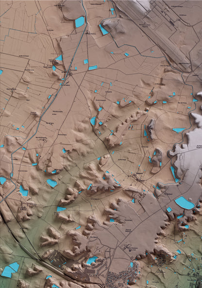 Mapa artístico del relieve de Alpicat, al Segrià, con 15 km de entorno y base topográfica ICGC. Detalle de la zona superior izquierda.