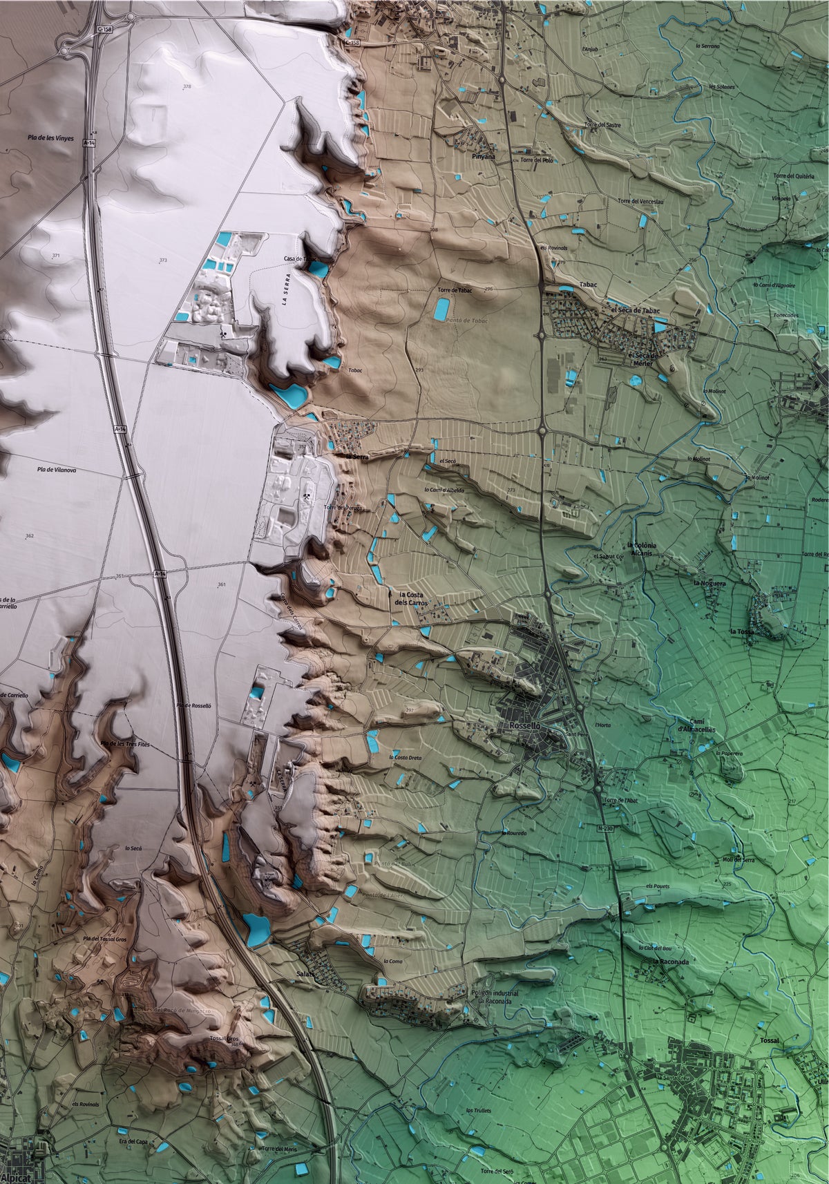 Mapa artístico del relieve de Alpicat, al Segrià, con 15 km de entorno y base topográfica ICGC. Detalle de la zona superior derecha.