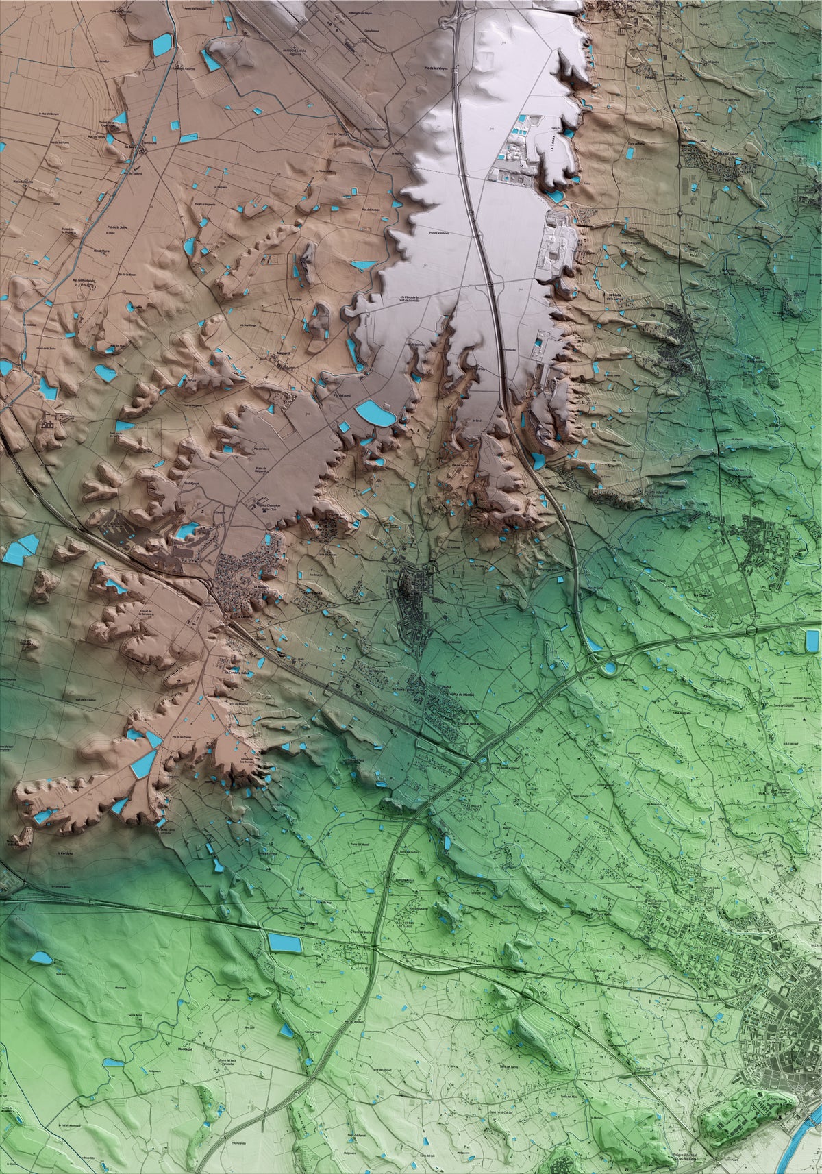 Mapa artístico del relieve de Alpicat, al Segrià, con 15 km de entorno y base topográfica ICGC