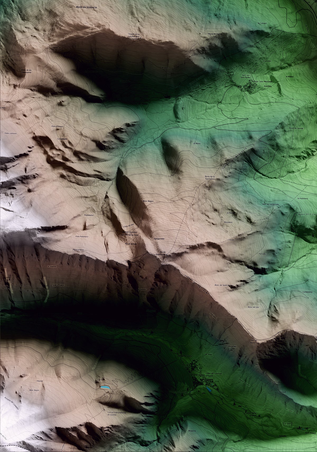 Mapa artístico del relieve de Alt Àneu, al Pallars Sobirà, con 15 km de entorno y base topográfica ICGC. Detalle de la zona inferior izquierda.
