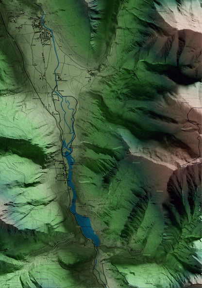 Mapa artístico del relieve de Alt Àneu, al Pallars Sobirà, con 15 km de entorno y base topográfica ICGC. Detalle de la zona inferior derecha.