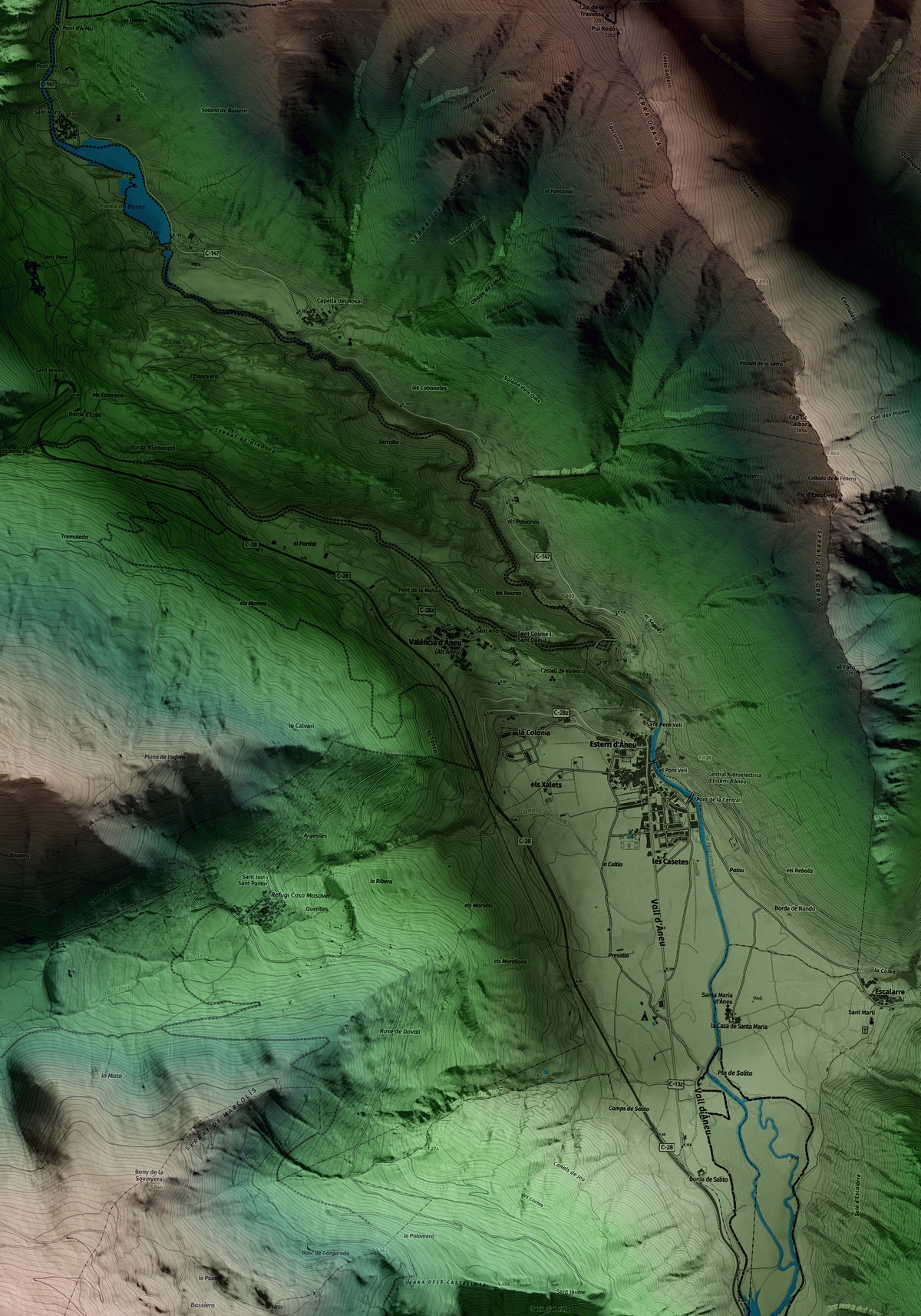 Mapa artístico del relieve de Alt Àneu, al Pallars Sobirà, con 15 km de entorno y base topográfica ICGC. Detalle de la zona central.