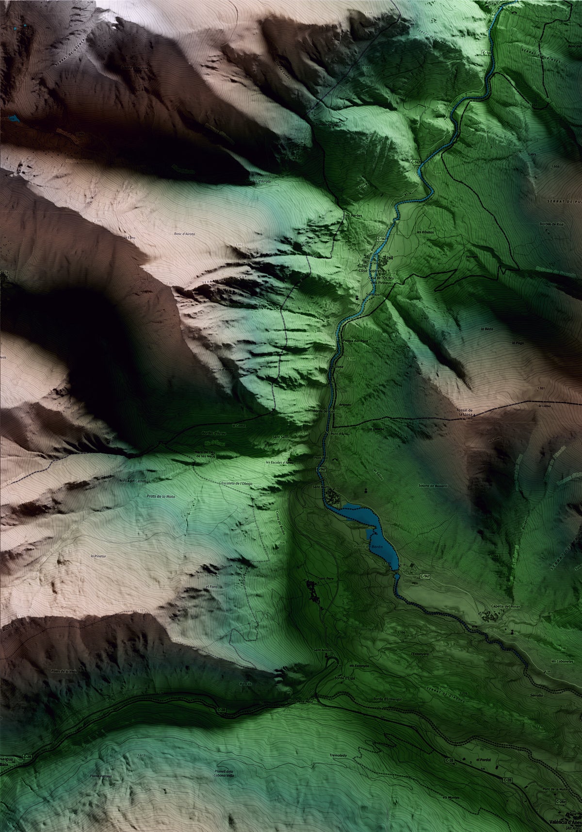 Mapa artístico del relieve de Alt Àneu, al Pallars Sobirà, con 15 km de entorno y base topográfica ICGC. Detalle de la zona superior izquierda.