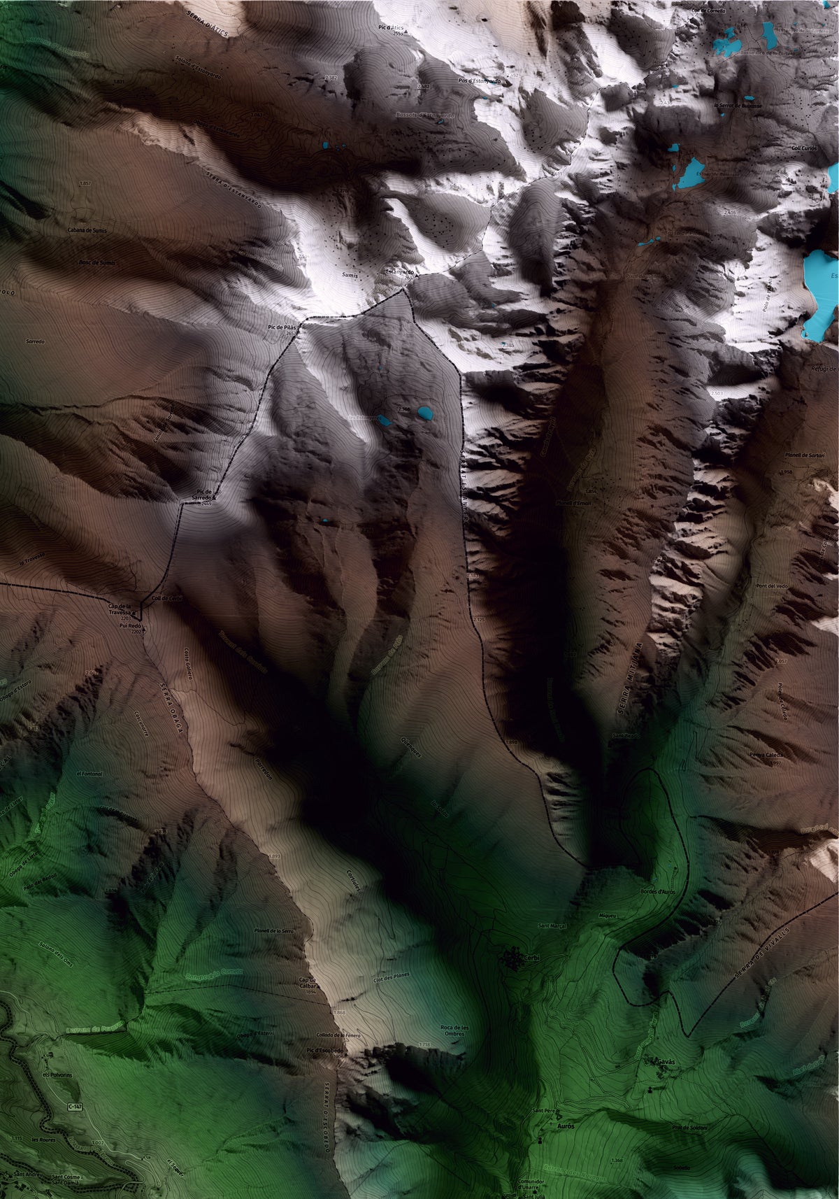 Mapa artístico del relieve de Alt Àneu, al Pallars Sobirà, con 15 km de entorno y base topográfica ICGC. Detalle de la zona superior derecha.