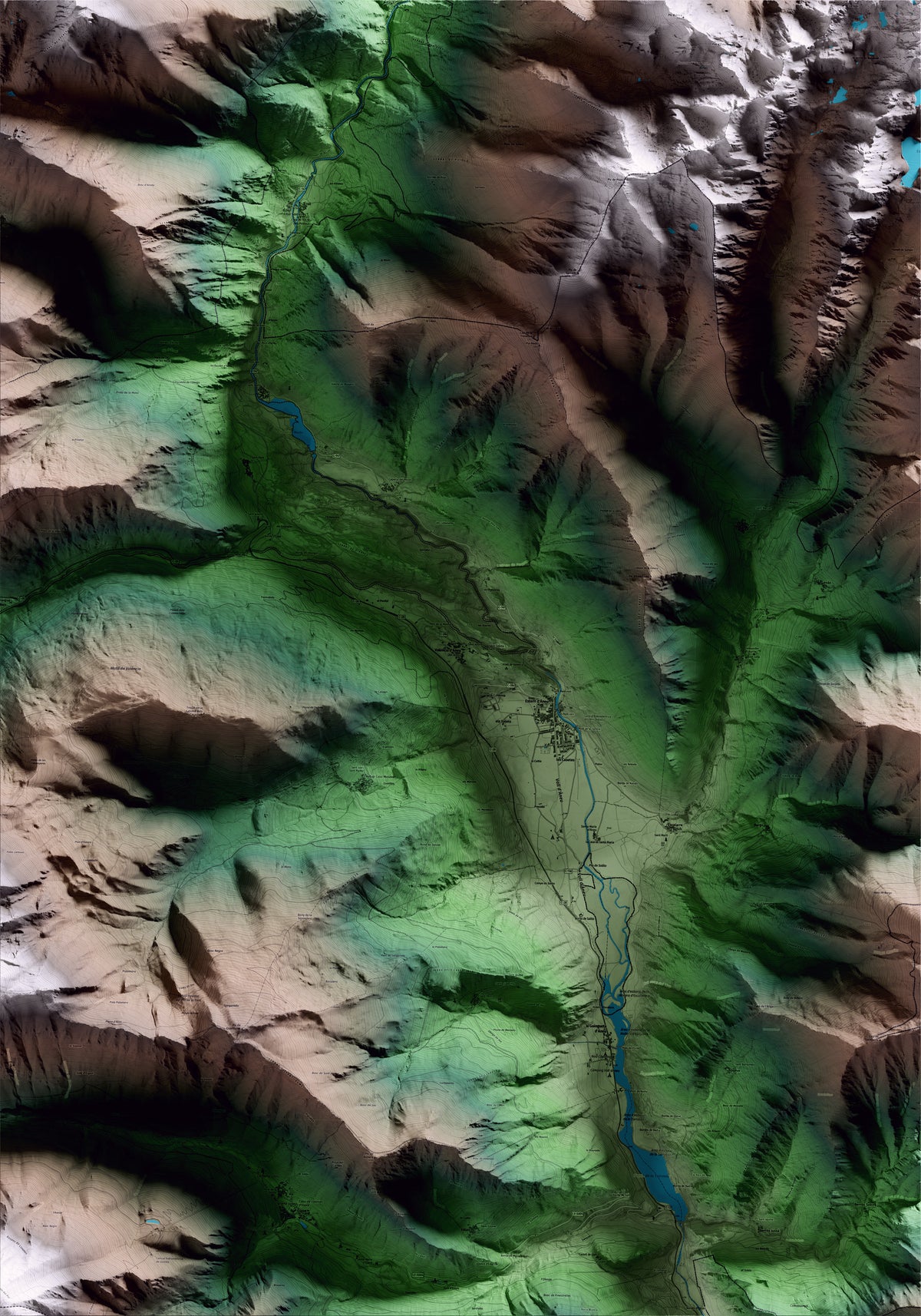 Mapa artístico del relieve de Alt Àneu, al Pallars Sobirà, con 15 km de entorno y base topográfica ICGC
