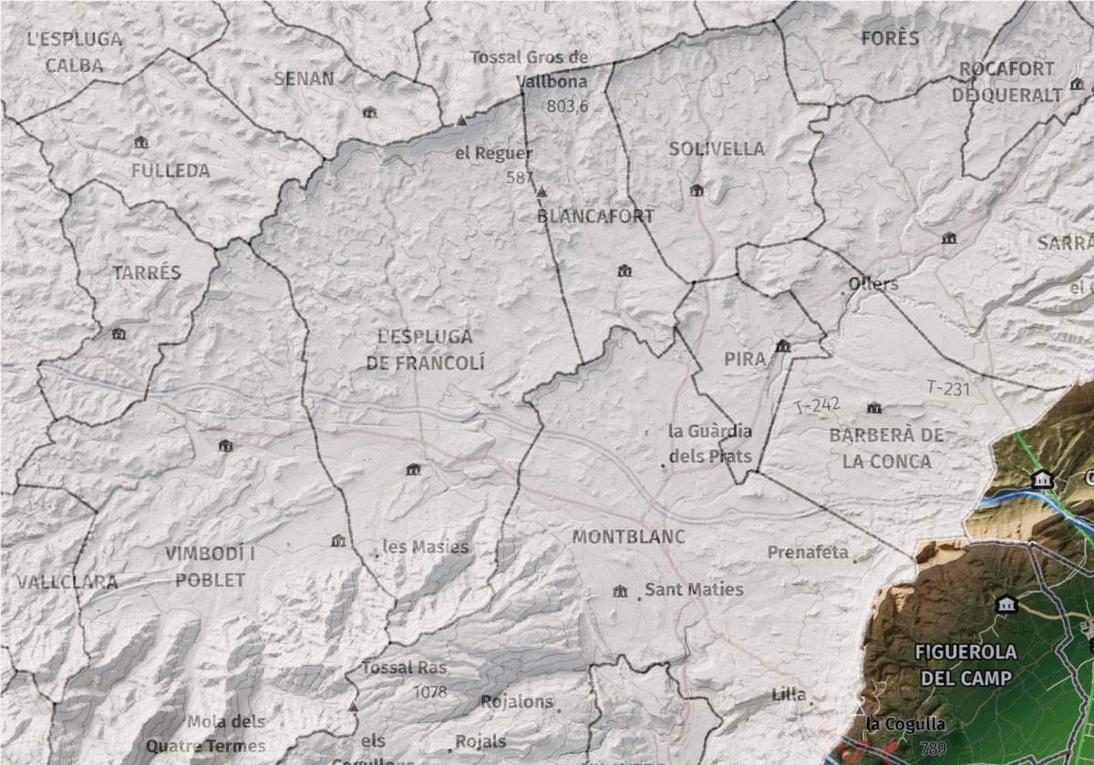 Mapa de relleu de l’Alt Camp, amb el territori en color i l’entorn en blanc. Detall de la part superior esquerra. 21 × 30 cm. Estil Clàssic.