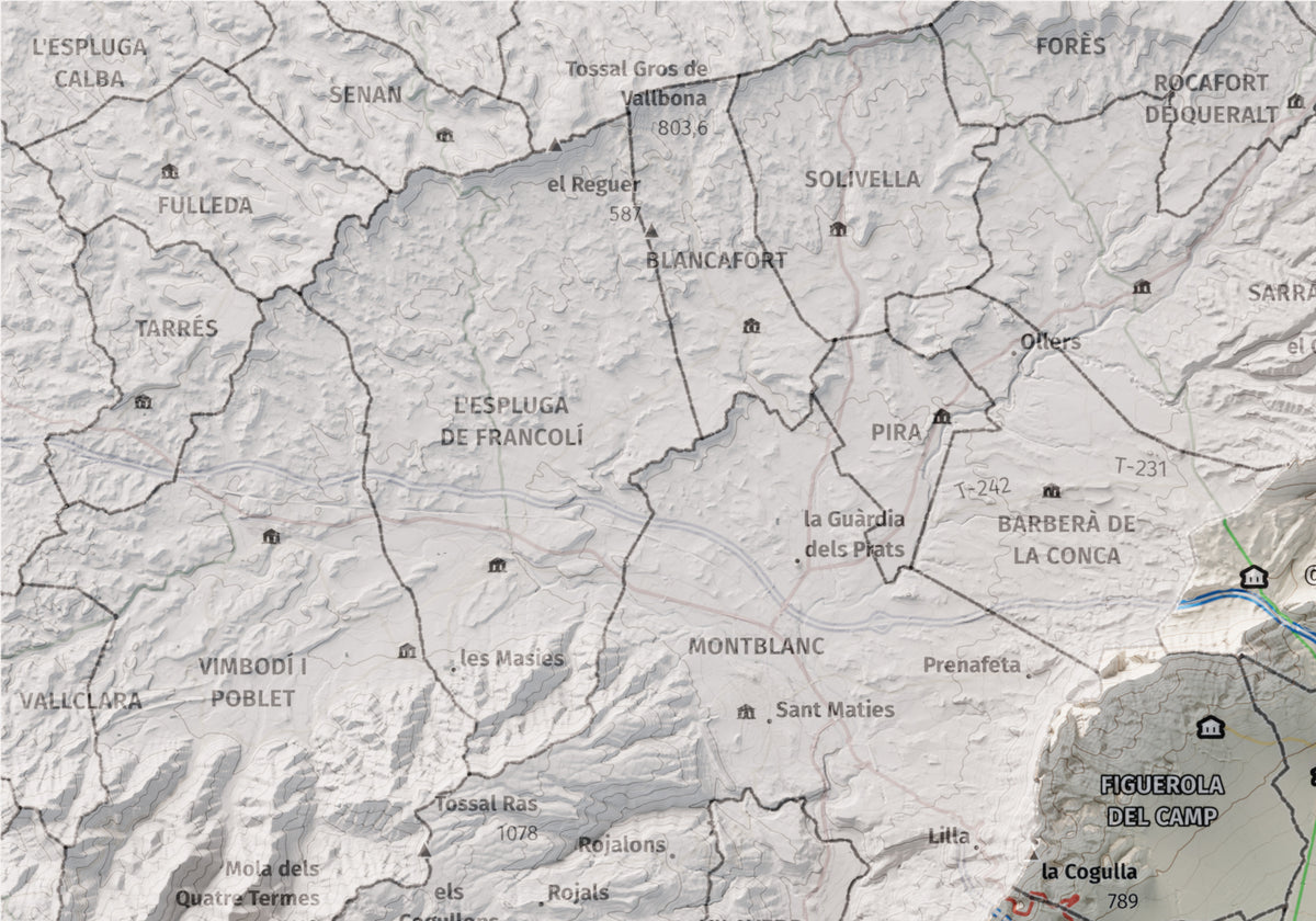 Mapa de relleu de l’Alt Camp, amb el territori en color i l’entorn en blanc. Detall de la part superior esquerra. 21 × 30 cm. Estil Cartogràfic.