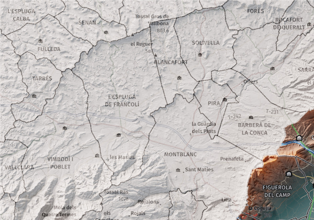 Mapa de relleu de l’Alt Camp, amb el territori en color i l’entorn en blanc. Detall de la part superior esquerra. 21 × 30 cm. Estil Blau i taronja.