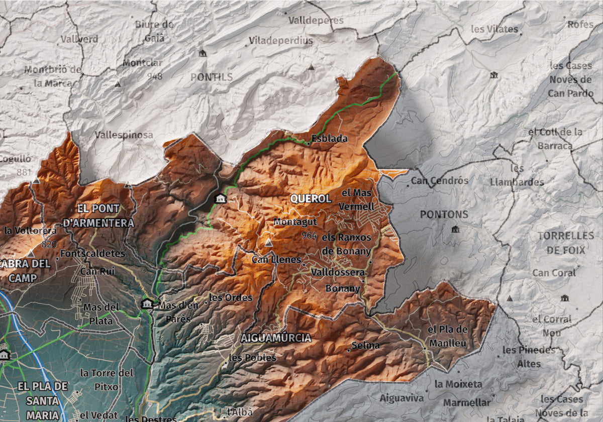 Mapa de relleu de l’Alt Camp, amb el territori en color i l’entorn en blanc. Detall de la part superior dreta. 21 × 30 cm. Estil Blau i taronja.