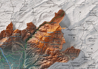 Mapa de relleu de l’Alt Camp, amb el territori en color i l’entorn en blanc. Detall de la part superior dreta. 21 × 30 cm. Estil Blau i taronja.