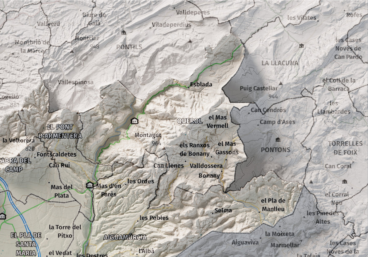 Mapa de relleu de l’Alt Camp, amb el territori en color i l’entorn en blanc. Detall de la part superior dreta. 21 × 30 cm. Estil Cartogràfic.