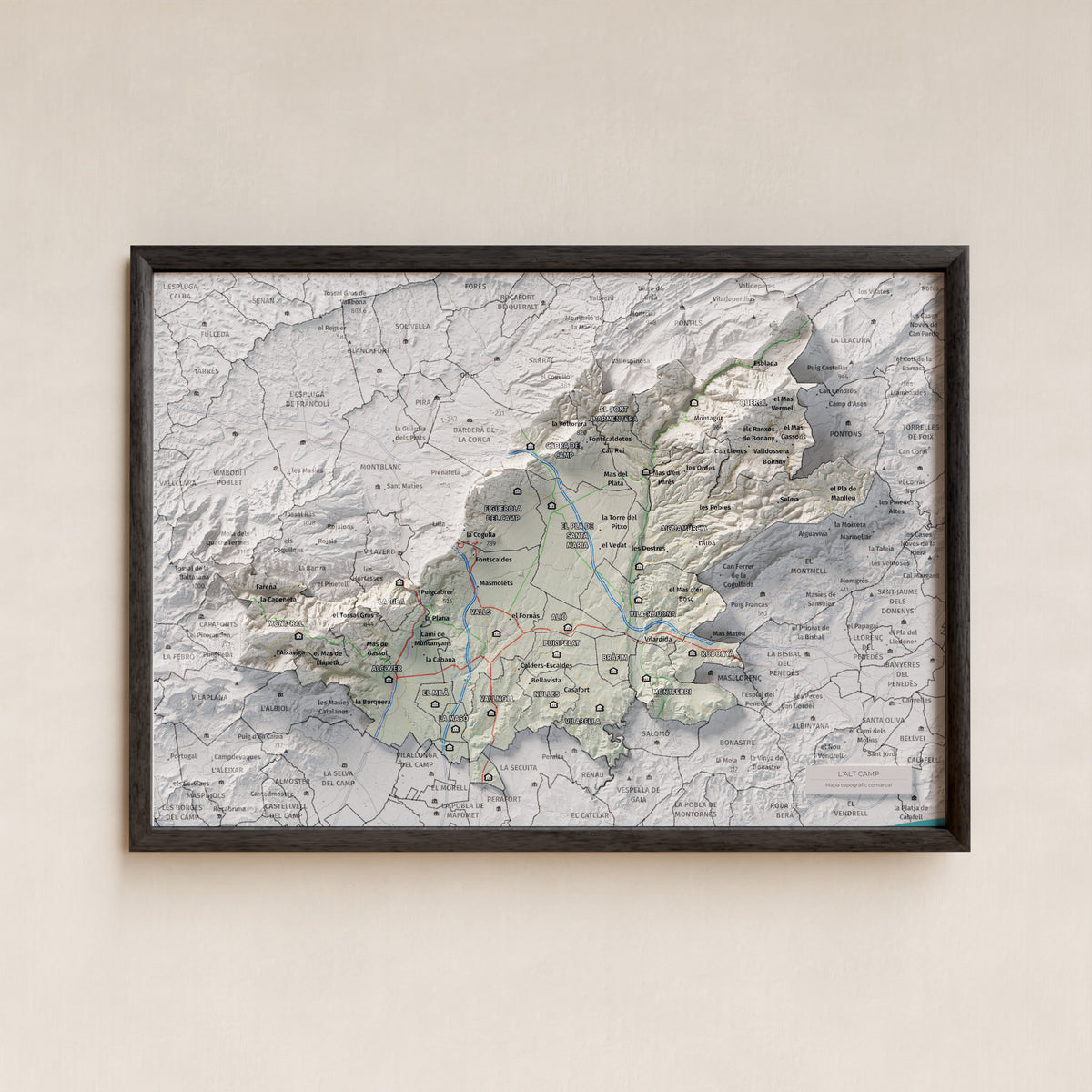 Mapa de relleu de l’Alt Camp, amb el territori en color i l’entorn en blanc. Presentació amb marc. 21 × 30 cm. Estil Cartogràfic.