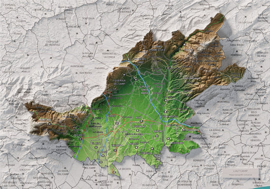 Mapa de relieve del Alt Camp, con el territorio en color y el entorno en blanco. Vista completa de la lámina. 21 × 30 cm. Estilo Clásico.