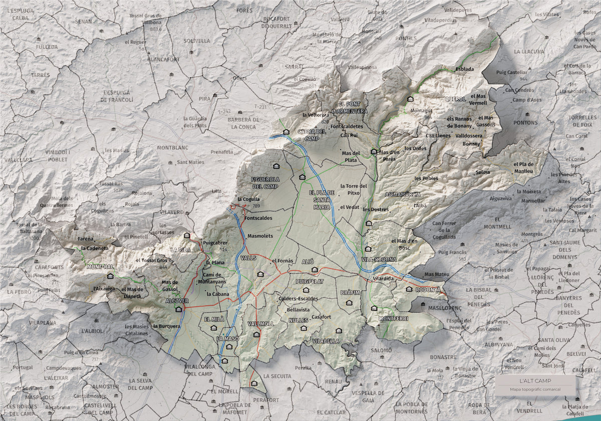 Mapa de relleu de l’Alt Camp, amb el territori en color i l’entorn en blanc. Vista completa de la làmina. 21 × 30 cm. Estil Cartogràfic.