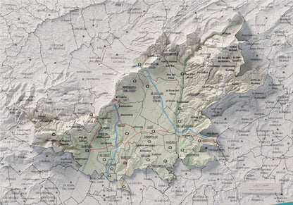Mapa de relleu de l’Alt Camp, amb el territori en color i l’entorn en blanc. Vista completa de la làmina. 21 × 30 cm. Estil Cartogràfic.