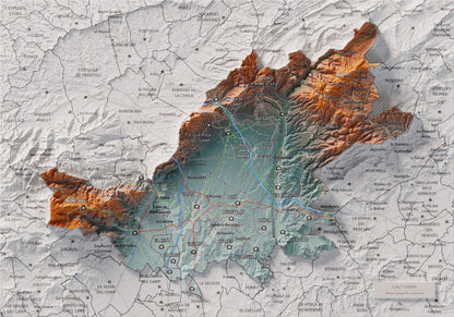 Mapa de relleu de l’Alt Camp, amb el territori en color i l’entorn en blanc. Vista completa de la làmina. 21 × 30 cm. Estil Blau i taronja.