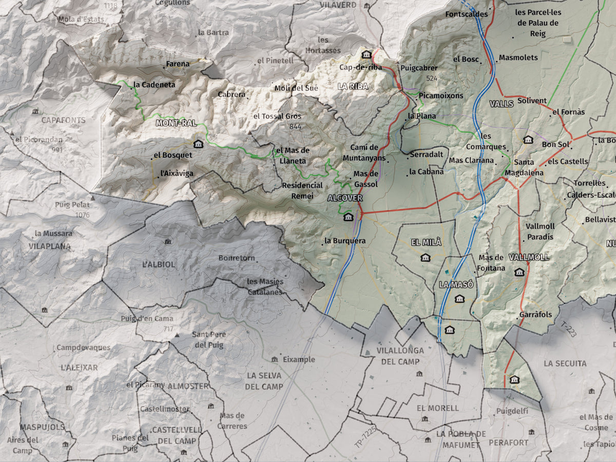 Mapa de relleu de l’Alt Camp, amb el territori en color i l’entorn en blanc. Detall de la part inferior esquerra. 30 × 40 cm. Estil Cartogràfic.
