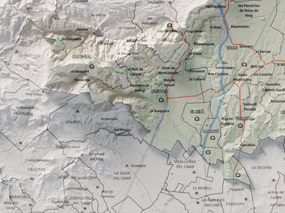 Mapa de relleu de l’Alt Camp, amb el territori en color i l’entorn en blanc. Detall de la part inferior esquerra. 30 × 40 cm. Estil Cartogràfic.