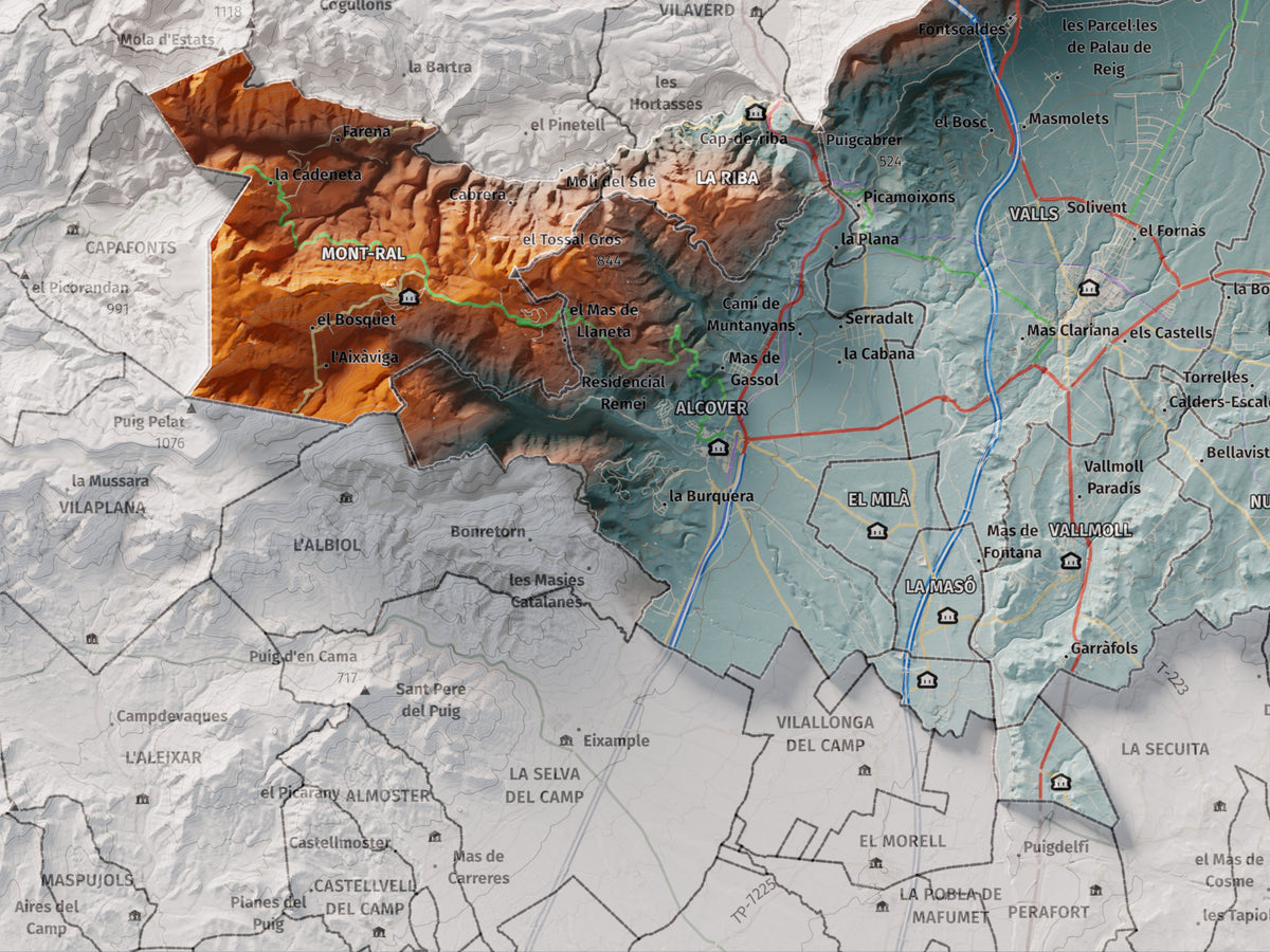 Mapa de relleu de l’Alt Camp, amb el territori en color i l’entorn en blanc. Detall de la part inferior esquerra. 30 × 40 cm. Estil Blau i taronja.
