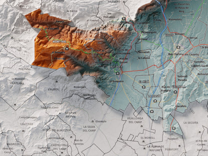 Mapa de relleu de l’Alt Camp, amb el territori en color i l’entorn en blanc. Detall de la part inferior esquerra. 30 × 40 cm. Estil Blau i taronja.
