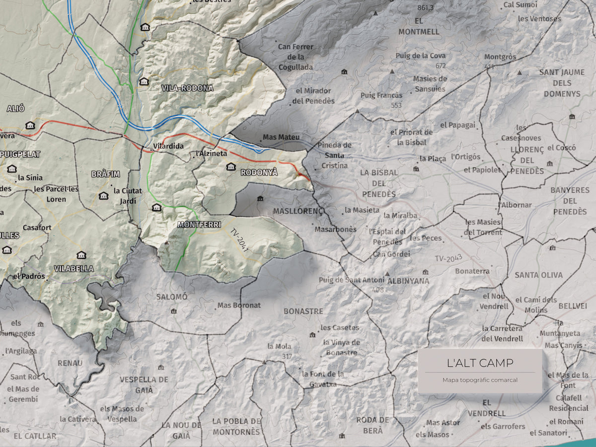 Mapa de relleu de l’Alt Camp, amb el territori en color i l’entorn en blanc. Detall de la part inferior dreta. 30 × 40 cm. Estil Cartogràfic.
