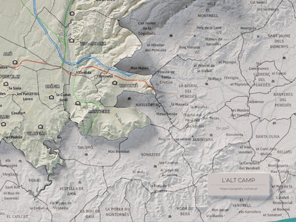 Mapa de relleu de l’Alt Camp, amb el territori en color i l’entorn en blanc. Detall de la part inferior dreta. 30 × 40 cm. Estil Cartogràfic.