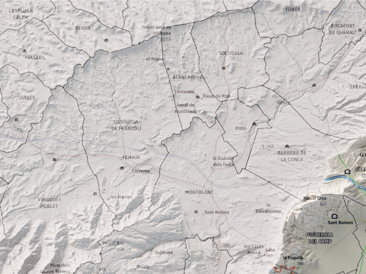 Mapa de relleu de l’Alt Camp, amb el territori en color i l’entorn en blanc. Detall de la part superior esquerra. 30 × 40 cm. Estil Cartogràfic.