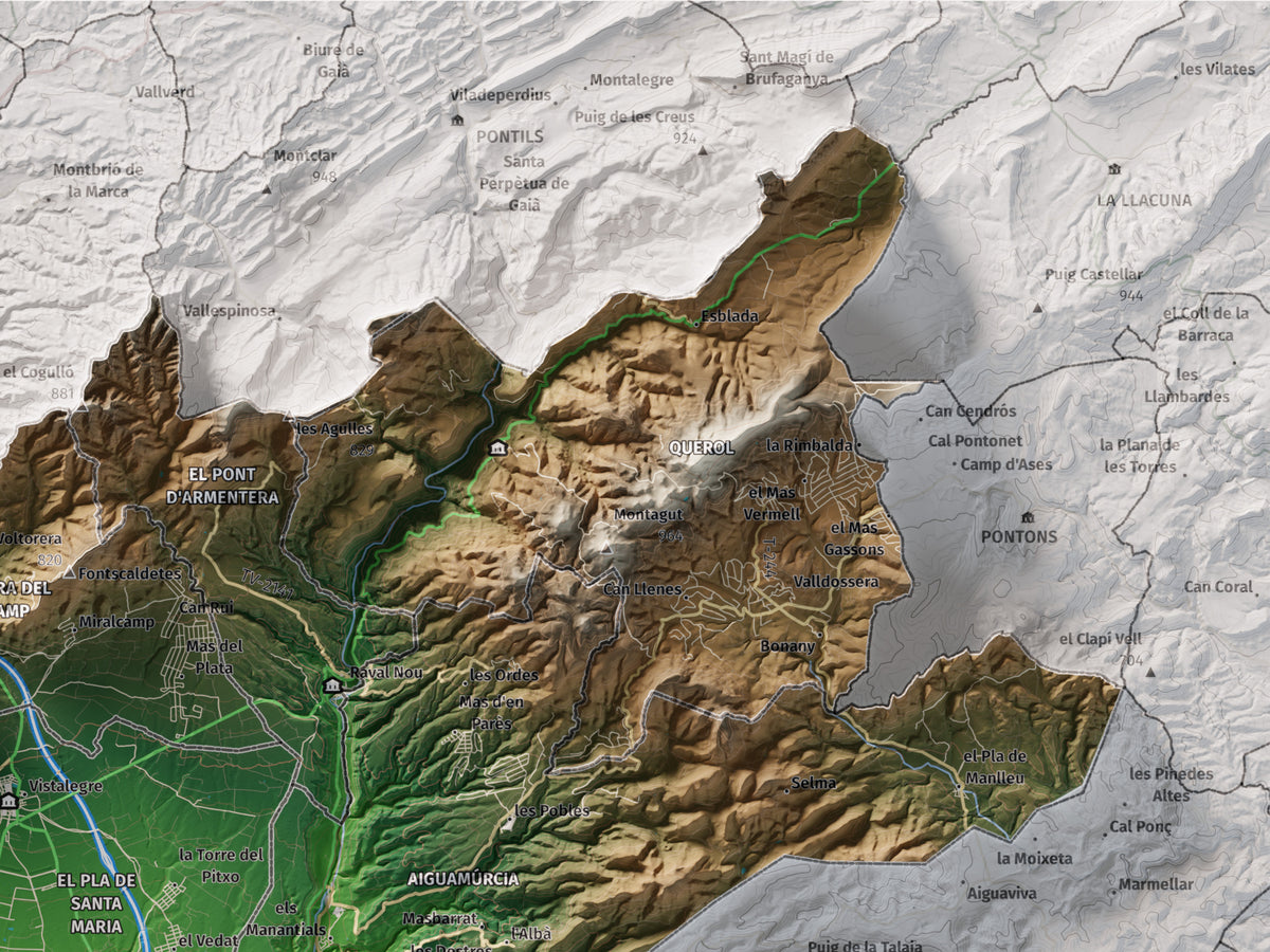 Mapa de relleu de l’Alt Camp, amb el territori en color i l’entorn en blanc. Detall de la part superior dreta. 30 × 40 cm. Estil Clàssic.