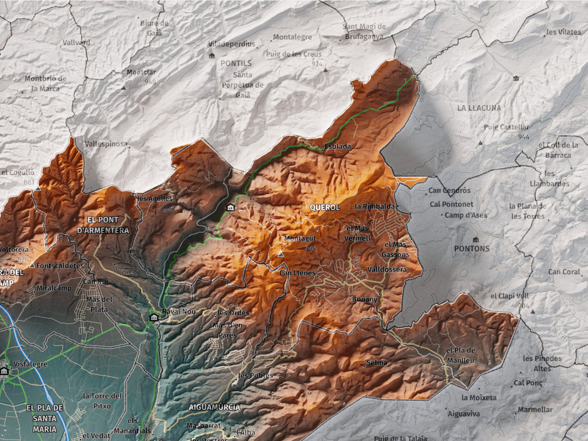 Mapa de relleu de l’Alt Camp, amb el territori en color i l’entorn en blanc. Detall de la part superior dreta. 30 × 40 cm. Estil Blau i taronja.