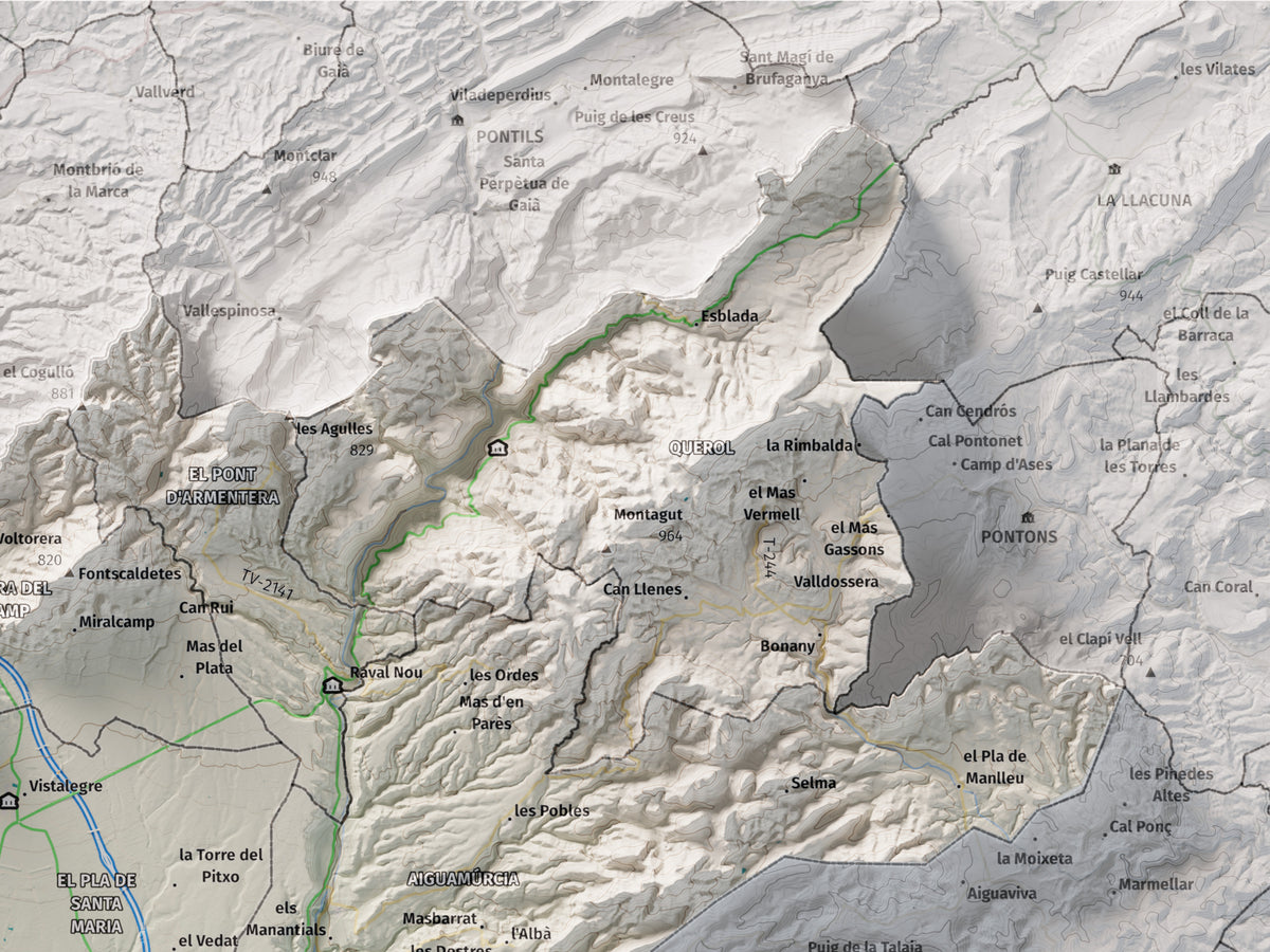 Mapa de relleu de l’Alt Camp, amb el territori en color i l’entorn en blanc. Detall de la part superior dreta. 30 × 40 cm. Estil Cartogràfic.