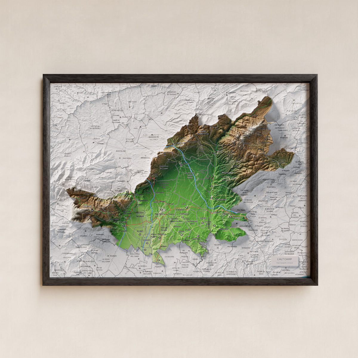 Mapa de relleu de l’Alt Camp, amb el territori en color i l’entorn en blanc. Presentació amb marc. 30 × 40 cm. Estil Clàssic.