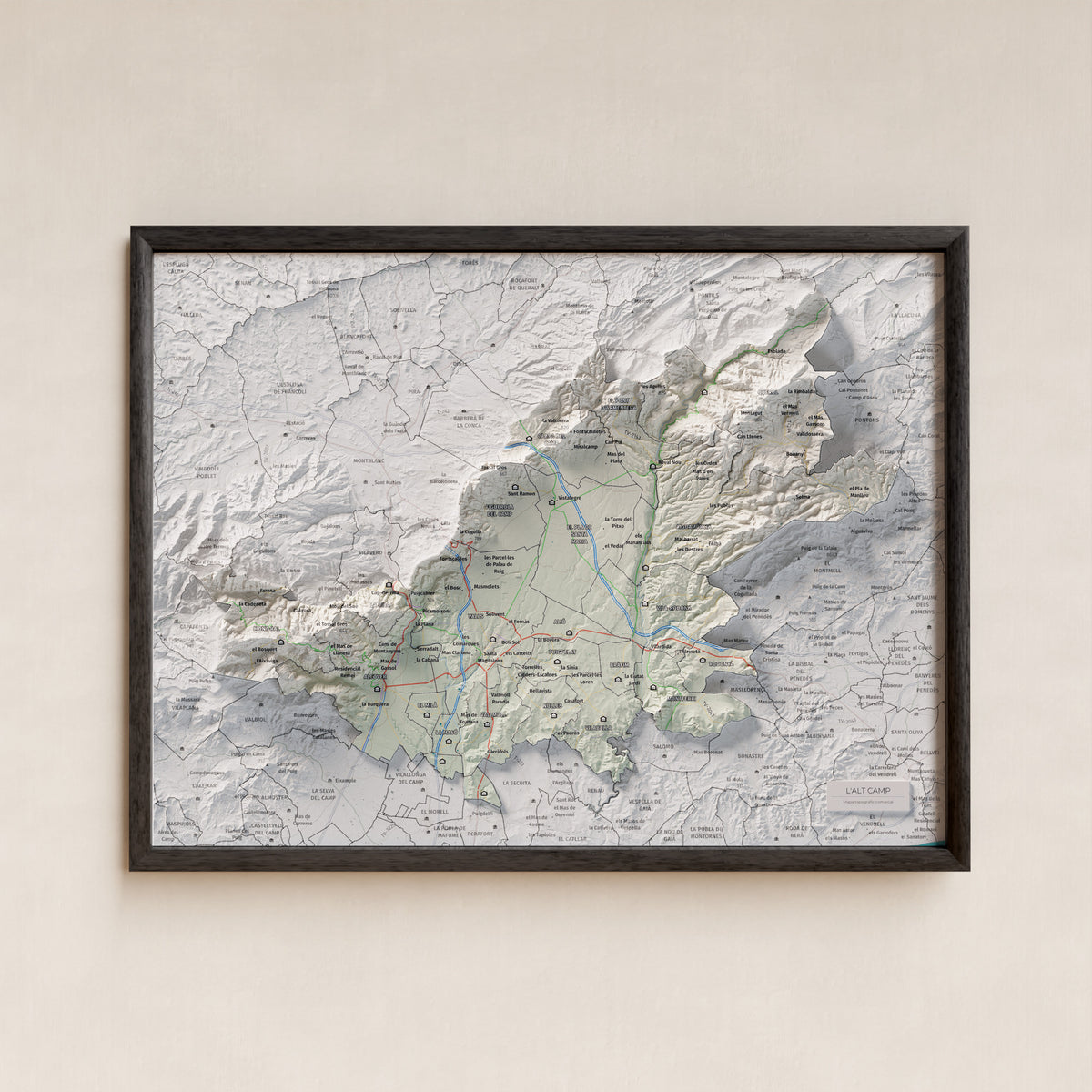 Mapa de relleu de l’Alt Camp, amb el territori en color i l’entorn en blanc. Presentació amb marc. 30 × 40 cm. Estil Cartogràfic.