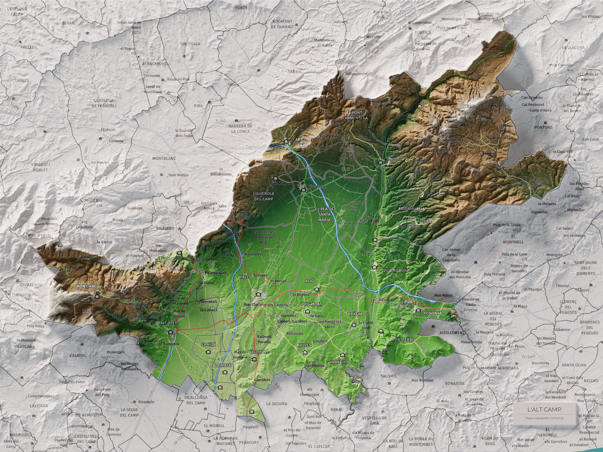 Mapa de relleu de l’Alt Camp, amb el territori en color i l’entorn en blanc. Vista completa de la làmina. 30 × 40 cm. Estil Clàssic.