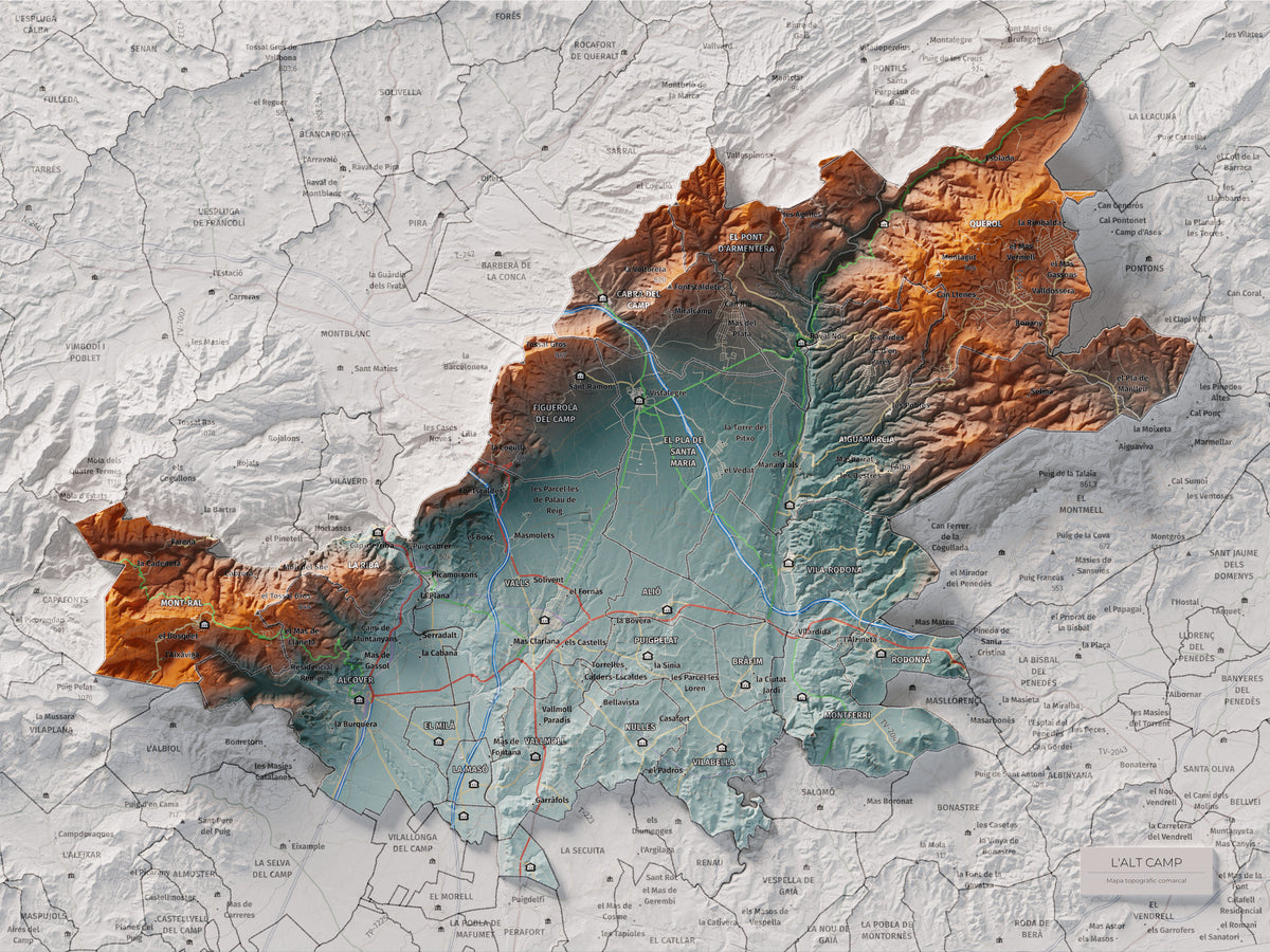 Mapa de relleu de l’Alt Camp, amb el territori en color i l’entorn en blanc. Vista completa de la làmina. 30 × 40 cm. Estil Blau i taronja.