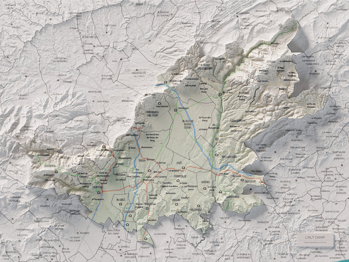Mapa de relleu de l’Alt Camp, amb el territori en color i l’entorn en blanc. Vista completa de la làmina. 30 × 40 cm. Estil Cartogràfic.