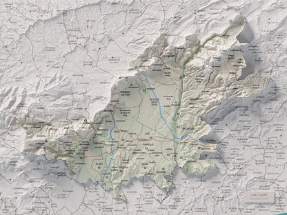 Mapa de relleu de l’Alt Camp, amb el territori en color i l’entorn en blanc. Vista completa de la làmina. 30 × 40 cm. Estil Cartogràfic.