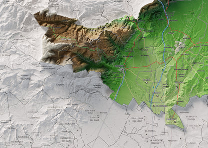 Mapa de relleu de l’Alt Camp, amb el territori en color i l’entorn en blanc. Detall de la part inferior esquerra. 50 × 70 cm. Estil Clàssic.