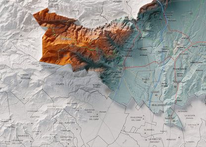 Mapa de relleu de l’Alt Camp, amb el territori en color i l’entorn en blanc. Detall de la part inferior esquerra. 50 × 70 cm. Estil Blau i taronja.