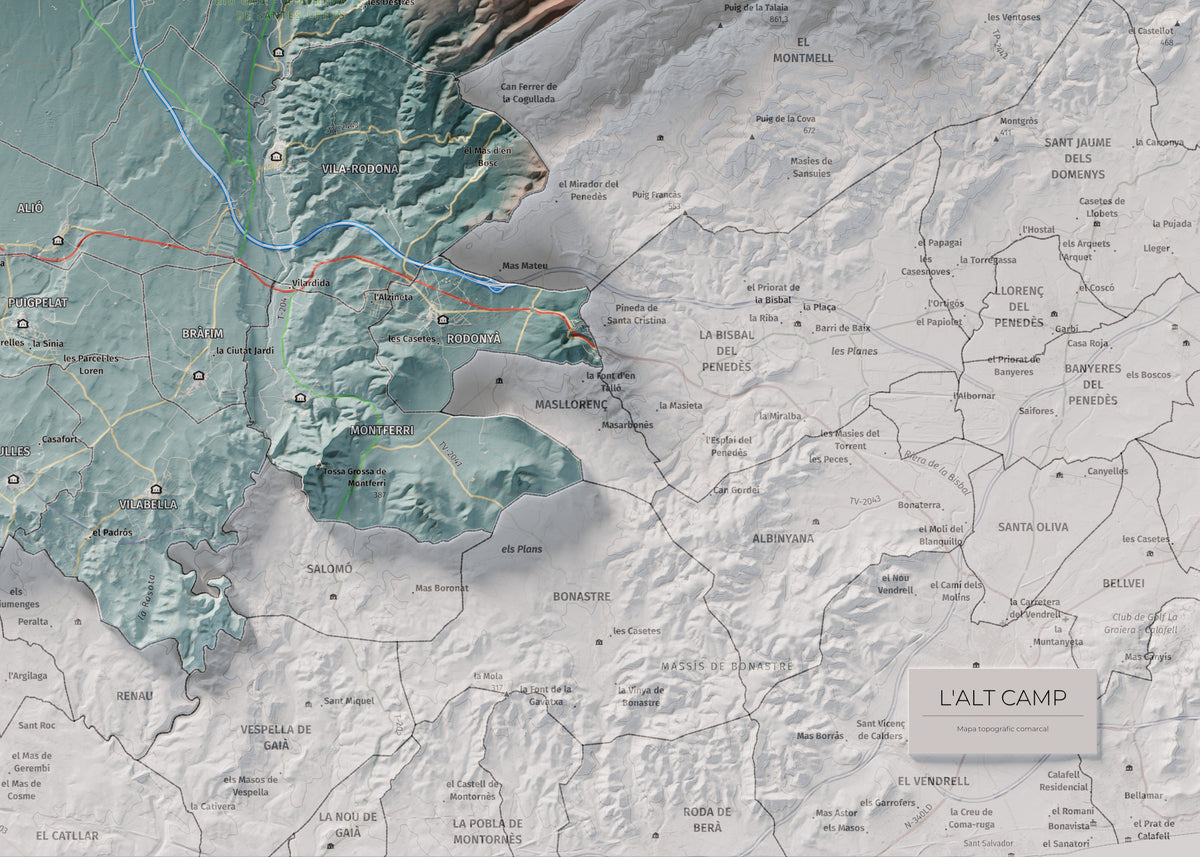Mapa de relleu de l’Alt Camp, amb el territori en color i l’entorn en blanc. Detall de la part inferior dreta. 50 × 70 cm. Estil Blau i taronja.
