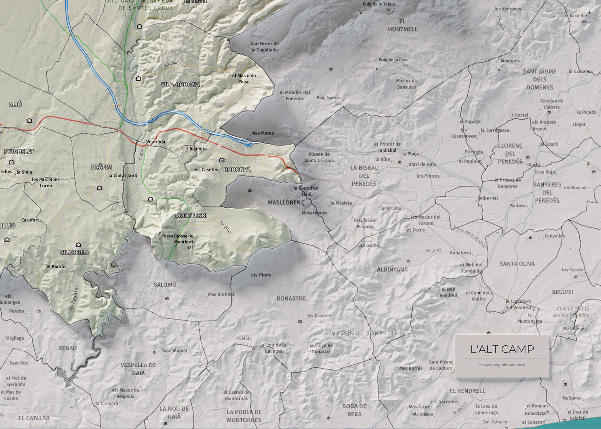 Mapa de relleu de l’Alt Camp, amb el territori en color i l’entorn en blanc. Detall de la part inferior dreta. 50 × 70 cm. Estil Cartogràfic.