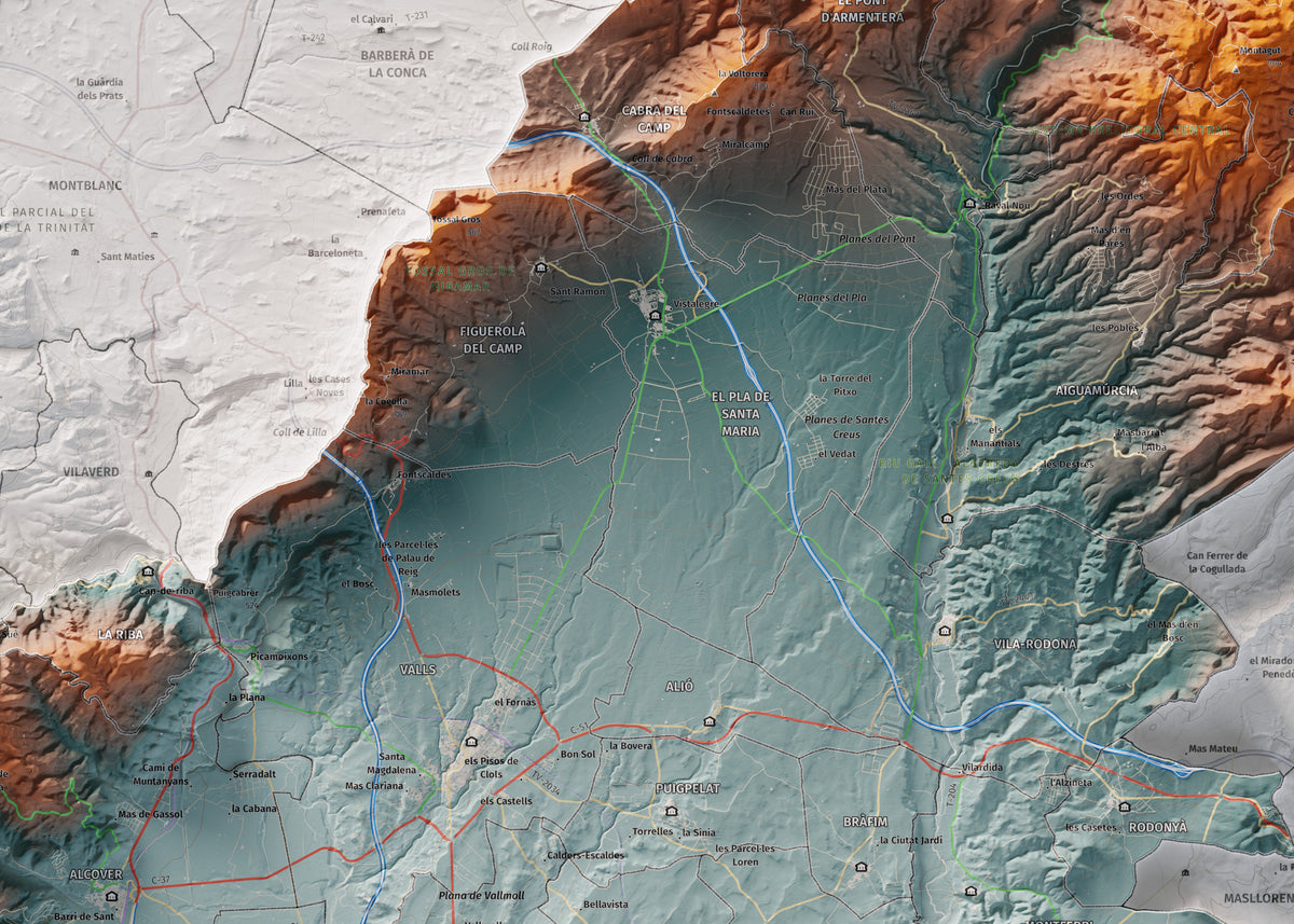 Mapa de relleu de l’Alt Camp, amb el territori en color i l’entorn en blanc. Detall de la part central. 50 × 70 cm. Estil Blau i taronja.
