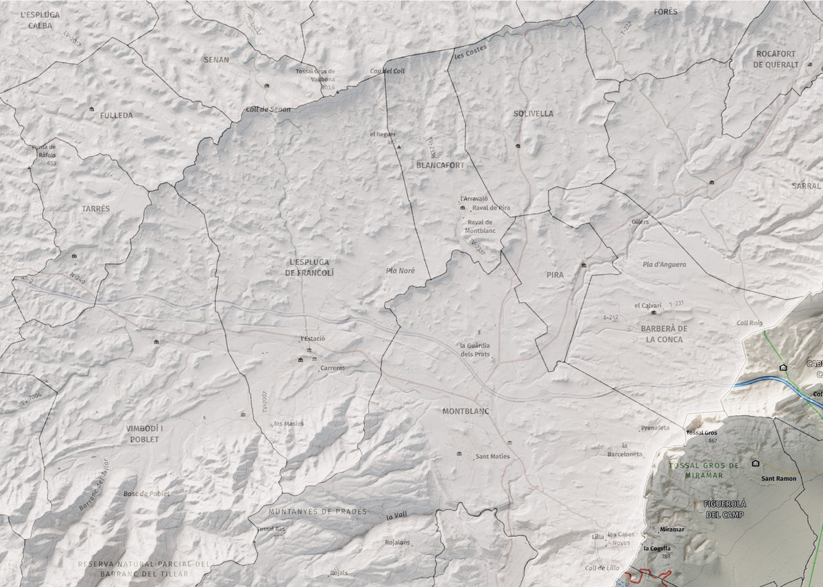 Mapa de relleu de l’Alt Camp, amb el territori en color i l’entorn en blanc. Detall de la part superior esquerra. 50 × 70 cm. Estil Cartogràfic.