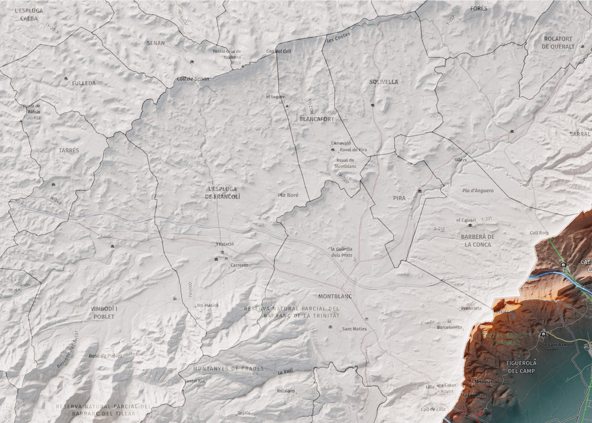 Mapa de relleu de l’Alt Camp, amb el territori en color i l’entorn en blanc. Detall de la part superior esquerra. 50 × 70 cm. Estil Blau i taronja.