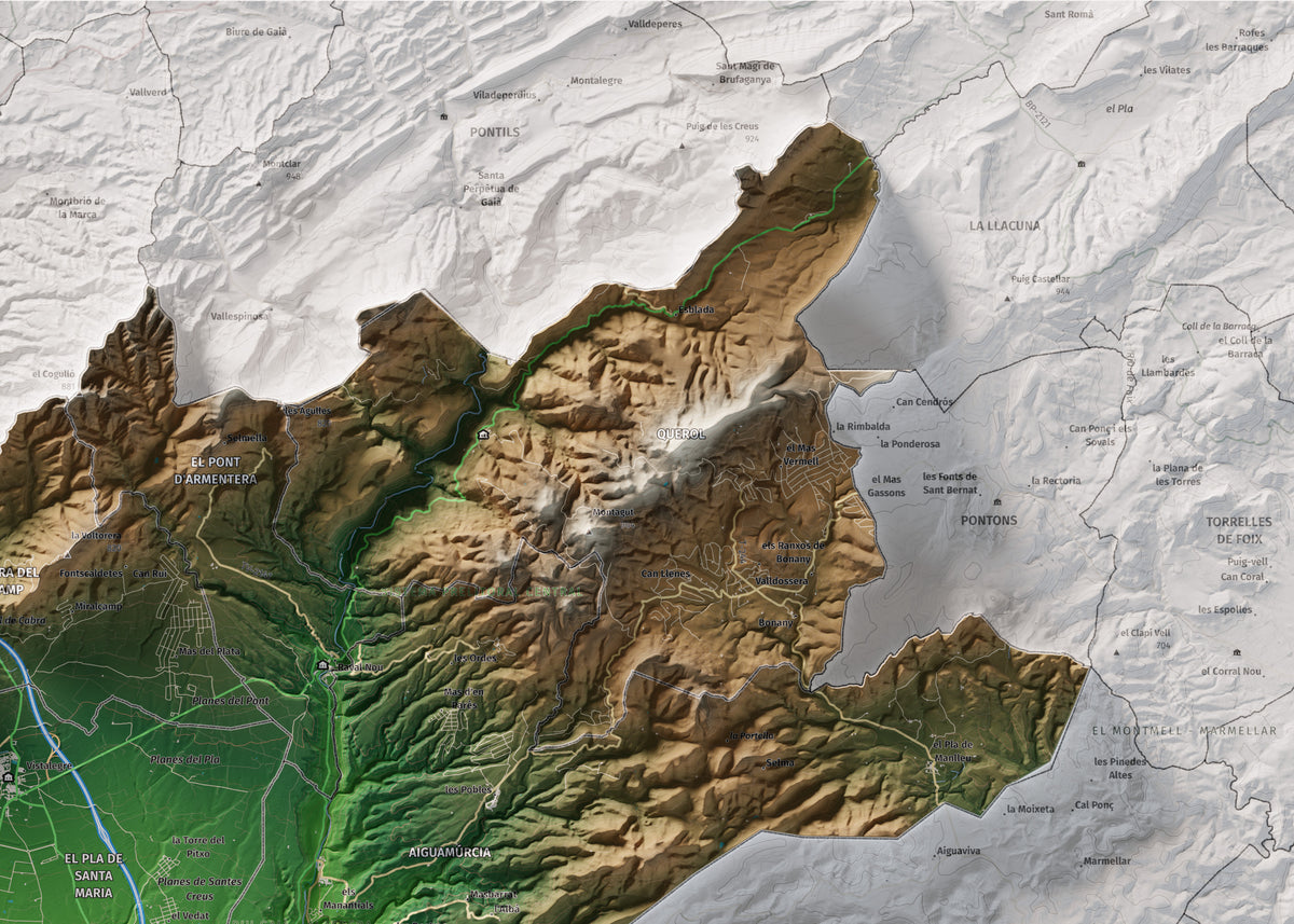 Mapa de relleu de l’Alt Camp, amb el territori en color i l’entorn en blanc. Detall de la part superior dreta. 50 × 70 cm. Estil Clàssic.