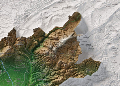 Mapa de relleu de l’Alt Camp, amb el territori en color i l’entorn en blanc. Detall de la part superior dreta. 50 × 70 cm. Estil Clàssic.