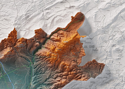 Mapa de relleu de l’Alt Camp, amb el territori en color i l’entorn en blanc. Detall de la part superior dreta. 50 × 70 cm. Estil Blau i taronja.