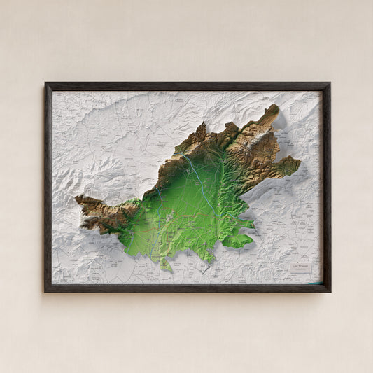 Mapa de relieve del Alt Camp, con el territorio en color y el entorno en blanco. Presentación con marco. 50 × 70 cm. Estilo Clásico.