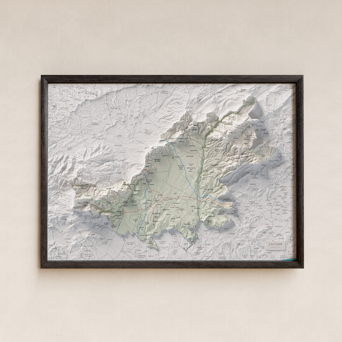 Mapa de relleu de l’Alt Camp, amb el territori en color i l’entorn en blanc. Presentació amb marc. 50 × 70 cm. Estil Cartogràfic.